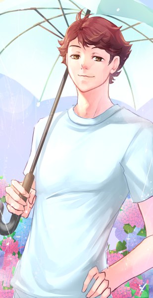 Anime picture 2500x4849 with haikyuu!! production i.g ooikawa tooru i-sol-e single tall image looking at viewer highres short hair smile brown hair standing holding brown eyes upper body outdoors hand on hip rain boy flower (flowers)