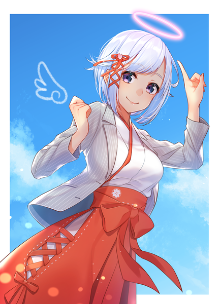 Anime picture 3200x4434 with original kitazume kumie single tall image looking at viewer blush highres short hair smile purple eyes blue hair absurdres sky cloud (clouds) white hair traditional clothes japanese clothes arm up open clothes border