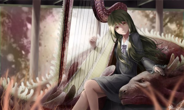 Anime picture 4134x2480 with original lepus single long hair looking at viewer blush highres wide image sitting brown eyes absurdres green hair knees touching girl uniform musical instrument dragon monster harp