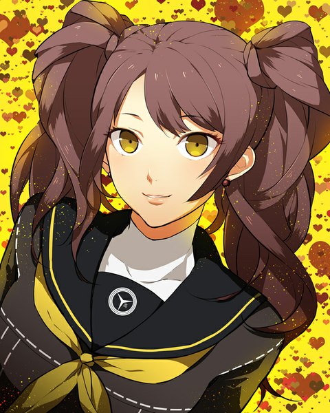 Anime picture 700x876 with persona 4 persona kujikawa rise yamaki suzume single long hair tall image looking at viewer fringe smile brown hair twintails yellow eyes from above portrait yellow background girl uniform earrings serafuku
