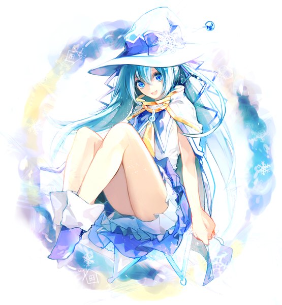 Anime picture 1000x1080 with vocaloid suki! yuki! maji magic (vocaloid) hatsune miku yuki miku yuki miku (2014) asuna (i luv) single long hair tall image looking at viewer open mouth blue eyes twintails aqua hair girl dress hat boots witch hat water drop