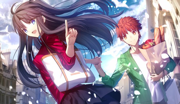 Anime picture 1200x696 with fate (series) fate/stay night toosaka rin emiya shirou mashima saki (mashimasa) long hair looking at viewer fringe short hair breasts open mouth blue eyes black hair smile wide image sky cloud (clouds) ahoge outdoors pleated skirt
