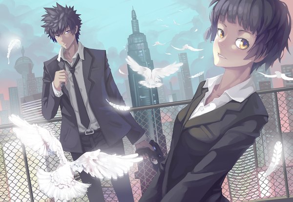 Anime picture 1295x895 with psycho-pass production i.g kougami shin'ya tsunemori akane madyy looking at viewer fringe short hair black hair yellow eyes sky cloud (clouds) pink eyes cityscape open collar girl animal bird (birds) gun building (buildings)