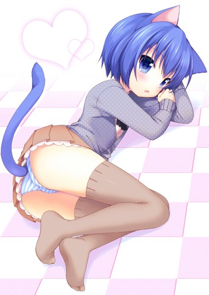 Anime picture 800x1130 with original onka usashiro mani single tall image looking at viewer blush short hair open mouth blue eyes light erotic animal ears blue hair tail lying animal tail cat ears cat tail checkered floor girl