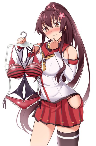 Anime picture 600x910 with kantai collection yamato super battleship sama samasa single long hair tall image blush breasts light erotic brown hair large breasts bare shoulders holding brown eyes ponytail long sleeves very long hair pleated skirt hair flower cherry blossoms