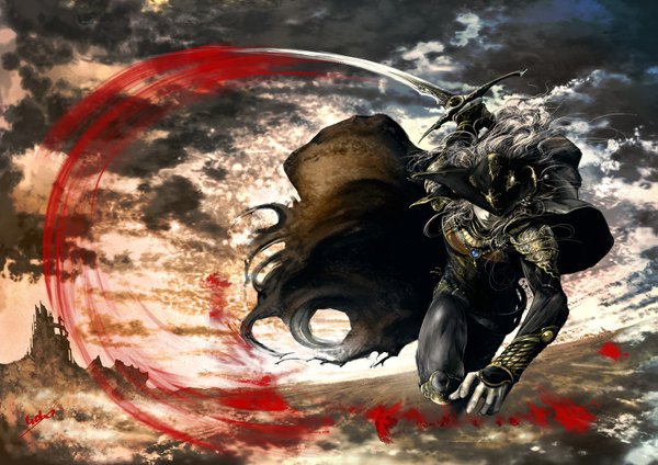 Аниме картинка 1527x1080 с ди - охотник на вампиров d (vampire hunter d) senda (xianren) один (одна) длинные волосы небо облако (облака) белые волосы бледная кожа полёт мужчина оружие шляпа меч кровь плащ