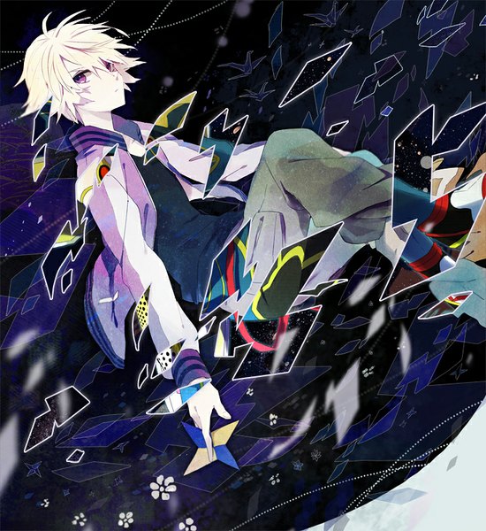 Anime picture 733x800 with tiger & bunny sunrise (studio) ivan karelin hou (ppo) single tall image looking at viewer short hair blonde hair sitting purple eyes open clothes open jacket boy jacket