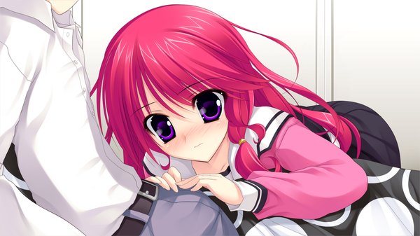Anime picture 1280x720 with strawberry feels long hair blush wide image purple eyes game cg red hair girl uniform school uniform