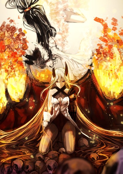 Anime picture 2480x3508 with original pixiv fantasia pixiv fantasia fallen kings candykun tall image looking at viewer highres breasts black hair blonde hair smile sitting bare shoulders multiple girls long sleeves very long hair horn (horns) puffy sleeves kneeling demon girl