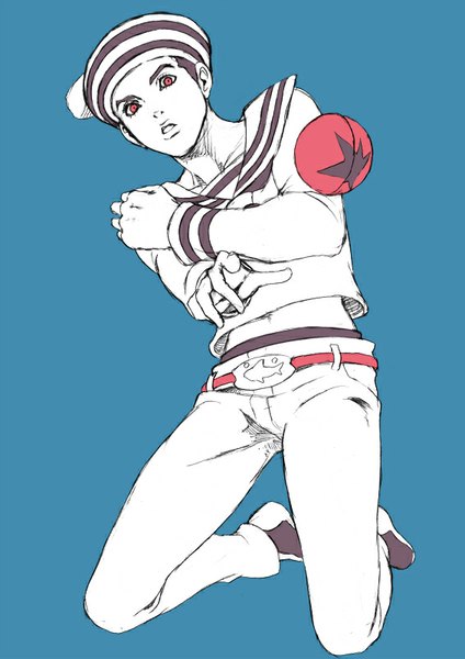 Anime picture 566x800 with jojo no kimyou na bouken jojolion higashikata jousuke (jojolion) chounorin single tall image looking at viewer short hair simple background red eyes parted lips bare belly kneeling blue background eyebrows outstretched hand partially colored boy hat belt