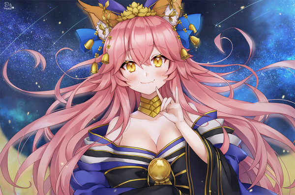 Anime picture 1300x858 with fate (series) fate/grand order fate/extra tamamo (fate) (all) tamamo no mae (fate) pong (vndn124) single long hair looking at viewer blush fringe breasts smile hair between eyes bare shoulders animal ears yellow eyes pink hair cleavage upper body