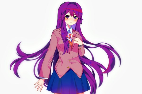 Anime picture 1443x960 with doki doki literature club yuri (doki doki literature club) savi (byakushimc) single long hair looking at viewer blush fringe simple background standing white background purple eyes purple hair long sleeves pleated skirt floating hair hand on chest girl skirt uniform