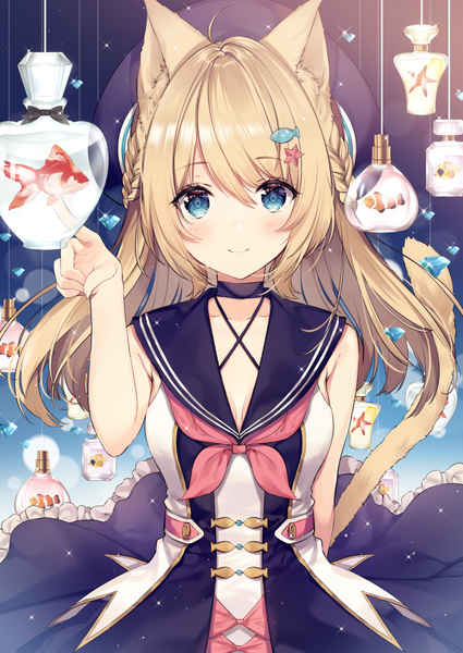 Anime picture 600x847 with original necomi (gussan) single long hair tall image looking at viewer blush fringe blue eyes blonde hair smile hair between eyes animal ears ahoge upper body tail animal tail light smile cat ears cat tail