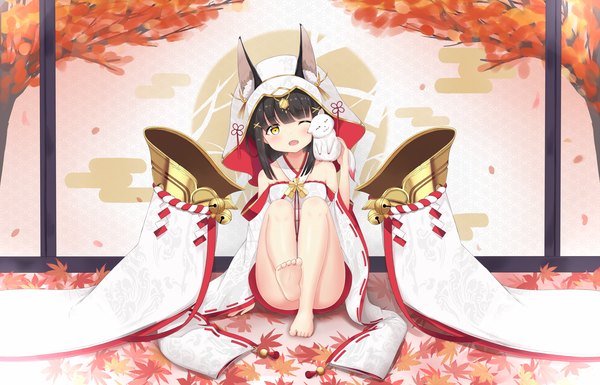 Anime picture 3000x1926 with azur lane nagato (azur lane) nagato (great fox's shiroshouzoku) (azur lane) mentai mayo single long hair looking at viewer blush highres light erotic black hair sitting bare shoulders animal ears yellow eyes full body traditional clothes japanese clothes one eye closed barefoot