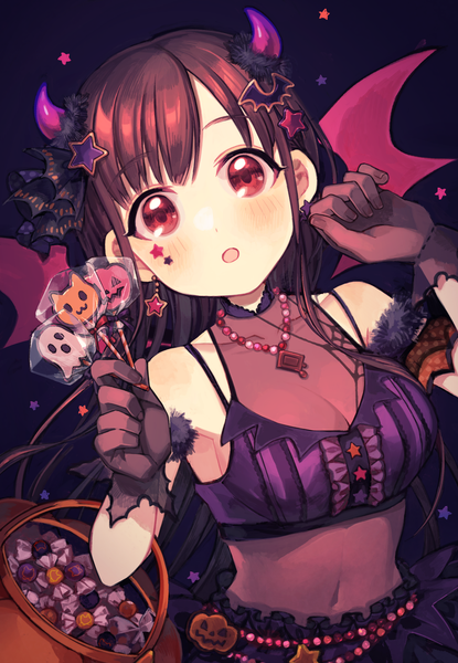 Anime picture 1302x1881 with idolmaster idolmaster shiny colors sonoda chiyoko sasasasa single long hair tall image looking at viewer breasts open mouth red eyes brown hair cleavage upper body horn (horns) halloween girl gloves earrings wings