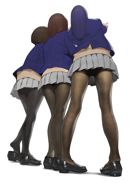Anime picture 858x1200 with miru tights nakabeni yua moegi homi aikawa ren yomu (sgt epper) long hair tall image short hair light erotic simple background brown hair standing white background multiple girls blue hair full body ass pleated skirt from behind from below