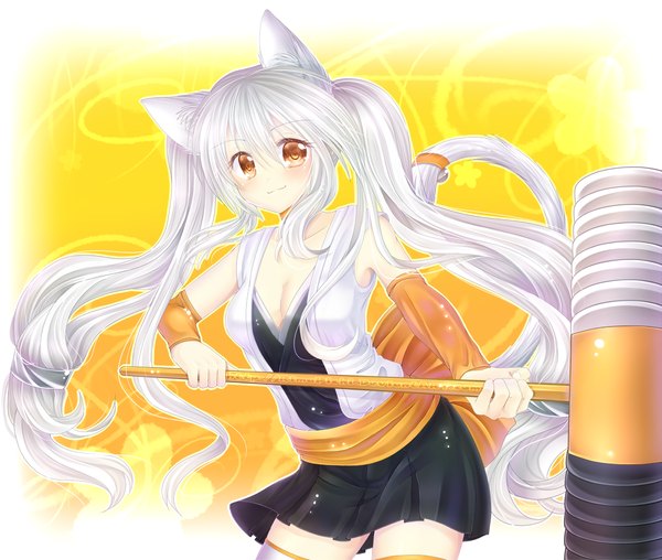 Anime picture 1700x1442 with original rimapichi single long hair blush fringe smile twintails brown eyes animal ears white hair cat ears girl thighhighs skirt bow miniskirt white thighhighs belt bell