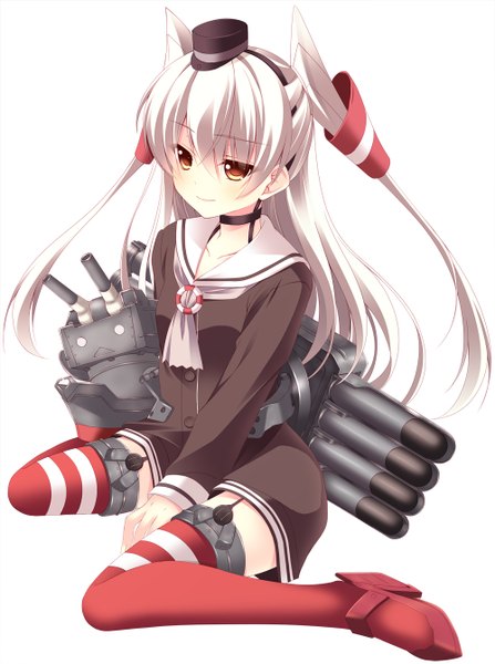 Anime picture 1000x1342 with kantai collection amatsukaze destroyer rensouhou-kun a flow single long hair tall image blush white background brown eyes white hair two side up girl thighhighs weapon hat hair tubes mini hat mini top hat