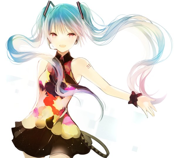 Anime picture 890x801 with vocaloid hatsune miku lpip single long hair looking at viewer fringe simple background red eyes standing white background twintails bare shoulders pink hair pleated skirt aqua hair tattoo outstretched arm happy girl