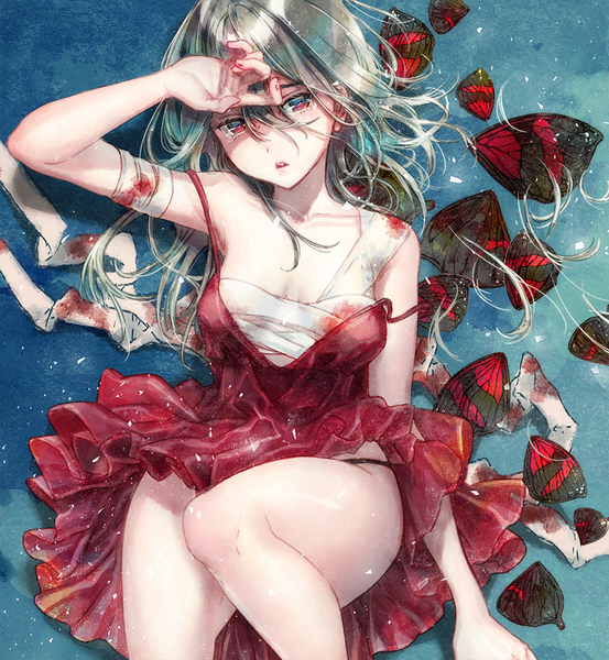Anime picture 923x1000 with original cako asida single long hair tall image looking at viewer fringe light erotic black hair hair between eyes red eyes tears hand on face insect wings convenient leg butterfly wings girl dress wings blood