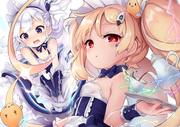 Anime picture 1581x1117 with azur lane manjuu (azur lane) belfast (azur lane) eldridge (azur lane) little bel (azur lane) kedama milk long hair blush open mouth blonde hair red eyes twintails purple eyes bare shoulders multiple girls white hair maid loli alternate costume embarrassed