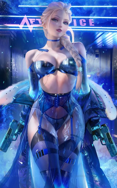 Anime picture 2500x4000 with frozen (disney) disney elsa (frozen) sakimichan single long hair tall image looking at viewer fringe highres breasts blue eyes light erotic blonde hair standing holding braid (braids) parted lips realistic off shoulder