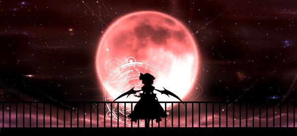 Anime picture 1950x900 with touhou remilia scarlet minust single highres short hair wide image standing sky night night sky bat wings silhouette red moon girl dress wings moon star (stars) bonnet