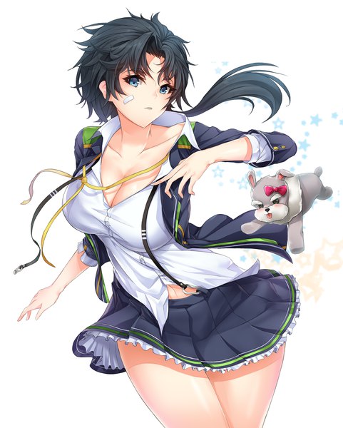 Anime picture 1157x1442 with soccer spirits moing single long hair tall image looking at viewer blush fringe breasts blue eyes light erotic black hair simple background large breasts standing ponytail pleated skirt open clothes open shirt thighs