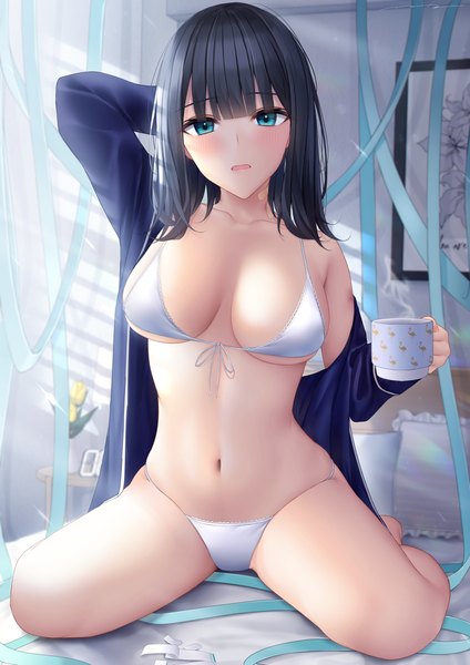 Anime picture 984x1392 with original mhru single long hair tall image looking at viewer blush fringe breasts open mouth blue eyes light erotic black hair large breasts sitting holding full body indoors blunt bangs barefoot
