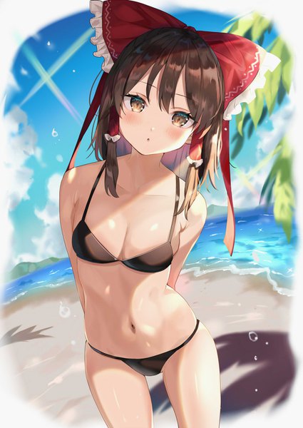 Anime picture 1002x1416 with touhou hakurei reimu satoupote single long hair tall image looking at viewer blush fringe breasts open mouth light erotic brown hair brown eyes sky cloud (clouds) outdoors head tilt shadow beach