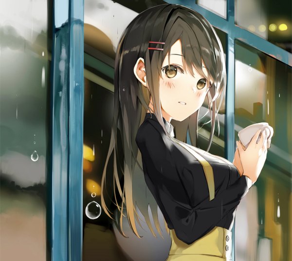 Anime picture 1333x1189 with original niii (memstapak) single long hair looking at viewer blush fringe breasts brown hair holding brown eyes payot upper body outdoors long sleeves parted lips girl shirt water drop cup