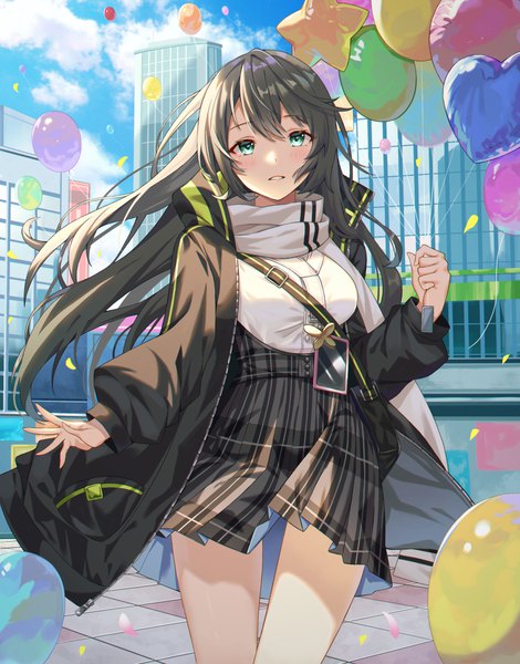 Anime picture 1944x2480 with original calder (pixiv3698273) single long hair tall image looking at viewer blush fringe highres breasts black hair hair between eyes standing holding green eyes sky cloud (clouds) outdoors long sleeves parted lips