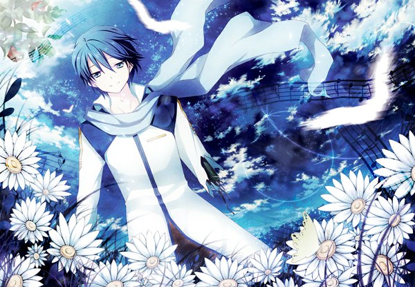 Anime picture 1000x693 with vocaloid kaito (vocaloid) ayamisiro single looking at viewer short hair blue eyes smile blue hair sky cloud (clouds) wind amputee boy flower (flowers) animal scarf bird (birds) insect butterfly