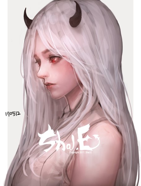 Anime picture 1895x2500 with original shale single long hair tall image highres simple background red eyes signed looking away upper body white hair parted lips profile horn (horns) grey background watermark dated demon girl girl