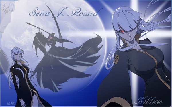 Anime picture 1280x800 with noblesse seira j. roiard long hair red eyes wide image white hair multiple persona girl weapon hood moon cloak suit scythe