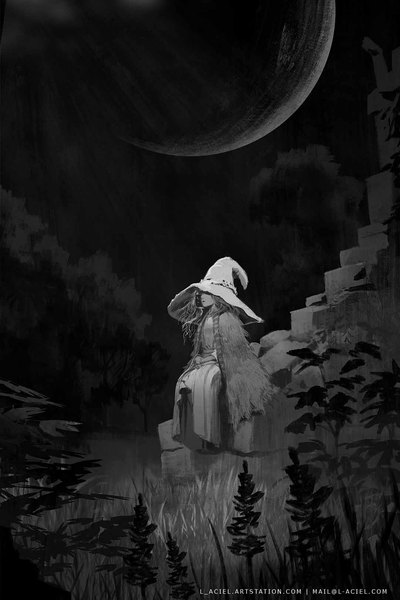 Anime picture 1082x1623 with elden ring ranni the witch l aciel single long hair tall image signed full body night monochrome witch crescent girl plant (plants) hat moon grass witch hat stairs