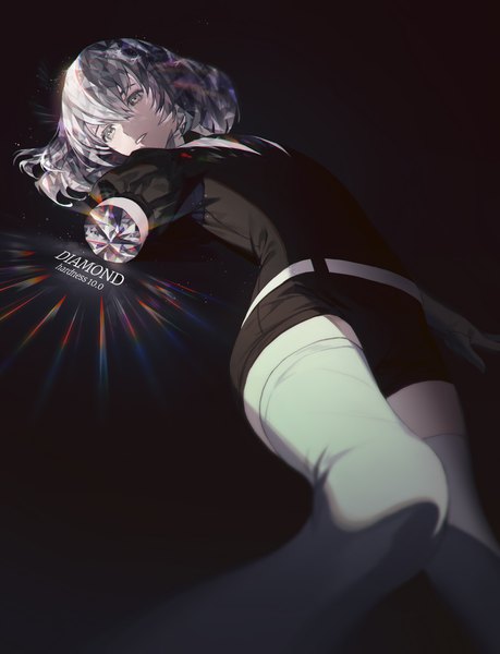 Anime picture 1529x2000 with houseki no kuni diamond (houseki no kuni) fajyobore single tall image fringe short hair simple background hair between eyes looking away silver hair character names black background silver eyes androgynous amputee thighhighs uniform black thighhighs