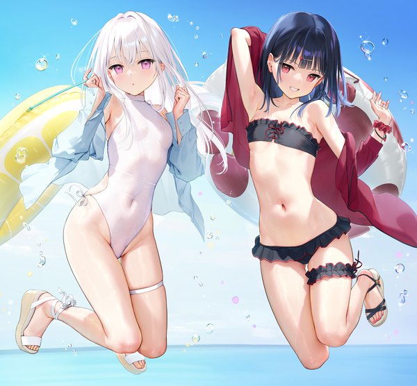 Anime picture 1569x1453 with original shiro-chan (mignon) ichigo-chan (mignon) mignon long hair looking at viewer blush fringe breasts light erotic black hair smile red eyes multiple girls holding sky cloud (clouds) outdoors white hair blunt bangs