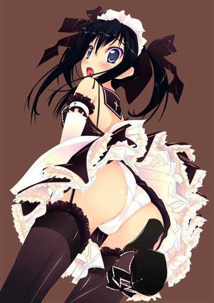 Anime picture 1447x2046 with murakami suigun tall image open mouth blue eyes light erotic black hair simple background ass looking back maid pantyshot girl thighhighs underwear panties black thighhighs