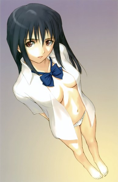 Anime picture 2181x3373 with zegapain misaki shizuno tony taka single long hair tall image looking at viewer highres breasts light erotic black hair brown eyes barefoot open clothes open shirt girl navel underwear panties bowtie