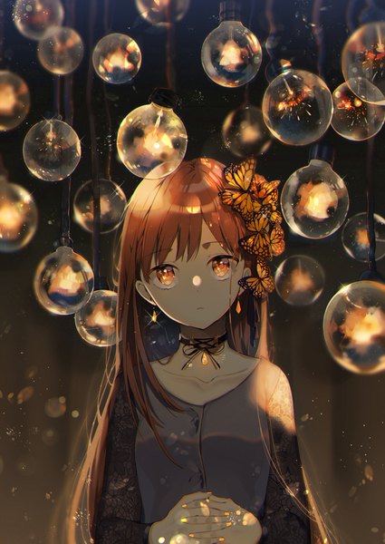 Anime picture 2892x4085 with original omutatsu single long hair tall image looking at viewer fringe highres brown hair standing brown eyes long sleeves nail polish fingernails sparkle floral print dark background girl hair ornament earrings