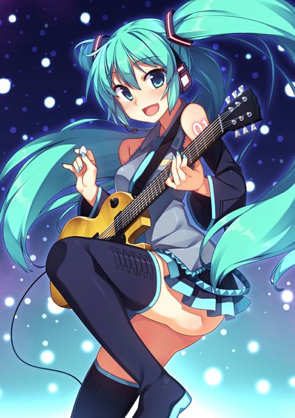 Anime picture 827x1169 with vocaloid hatsune miku racer (magnet) single tall image looking at viewer blush open mouth twintails very long hair aqua eyes aqua hair tattoo girl skirt detached sleeves miniskirt necktie thigh boots vest