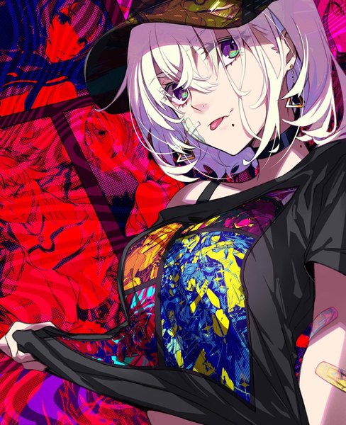 Anime picture 895x1100 with original pokimari single tall image looking at viewer fringe short hair simple background hair between eyes purple eyes signed white hair off shoulder mole red background mole under mouth bandaid on face bandaid on arm girl earrings
