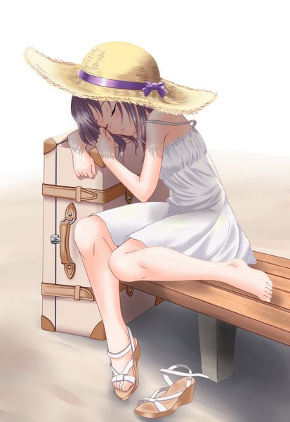 Anime picture 1016x1476 with original shui yue feng nan single tall image blush short hair sitting bare shoulders purple hair bent knee (knees) eyes closed parted lips barefoot bare legs shadow no shoes sleeping girl dress hat