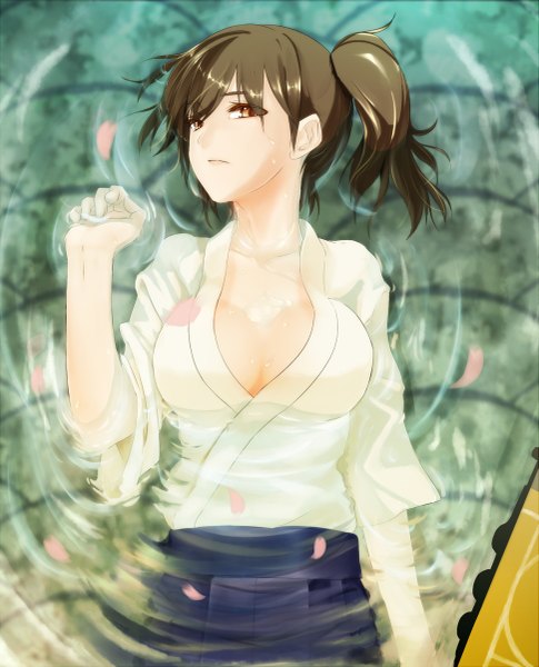 Anime picture 971x1200 with kantai collection kaga aircraft carrier unier single long hair tall image looking at viewer breasts light erotic brown hair large breasts brown eyes cleavage ponytail traditional clothes japanese clothes side ponytail girl petals water