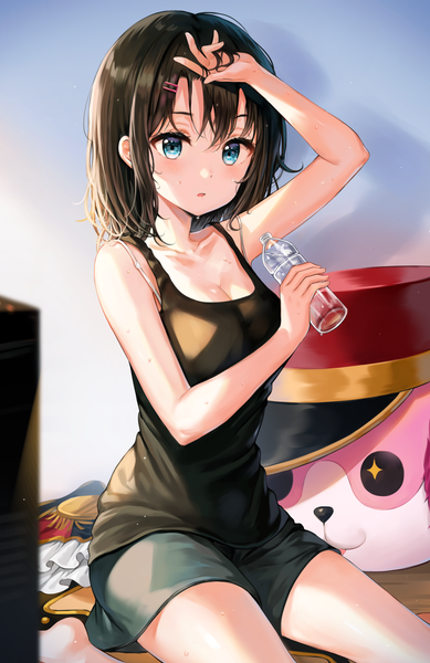 Anime picture 1500x2314 with bang dream! michelle (bang dream!) okusawa misaki tokkyu single tall image looking at viewer blush fringe short hair breasts blue eyes light erotic hair between eyes brown hair sitting bare shoulders holding cleavage parted lips
