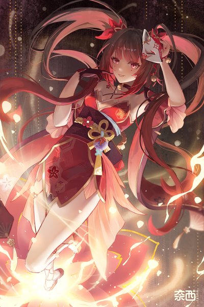 Anime picture 3000x4500 with honkai: star rail honkai (series) sparkle (honkai: star rail) naixi cc single long hair tall image looking at viewer fringe highres breasts smile brown hair twintails bare shoulders payot full body blunt bangs pink eyes arms up