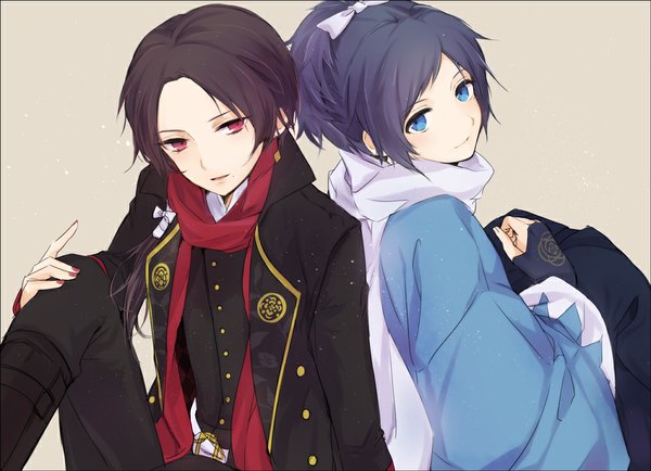 Anime picture 1000x724 with touken ranbu nitroplus kashuu kiyomitsu yamato no kami yasusada atea long hair looking at viewer blue eyes black hair simple background smile red eyes sitting ponytail nail polish traditional clothes parted lips japanese clothes grey background multiple boys