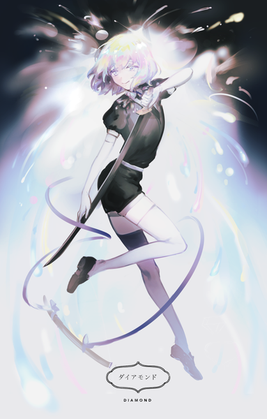 Anime picture 766x1200 with houseki no kuni diamond (houseki no kuni) k (sktchblg) single tall image fringe short hair smile hair between eyes looking away silver hair full body puffy sleeves character names silver eyes androgynous thighhighs gloves uniform weapon
