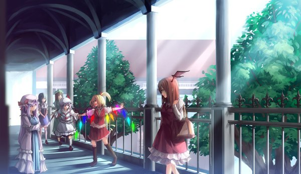 Anime picture 1500x871 with touhou flandre scarlet remilia scarlet izayoi sakuya patchouli knowledge hong meiling koakuma long hair short hair open mouth blonde hair smile brown hair wide image twintails multiple girls looking away sunlight short twintails happy